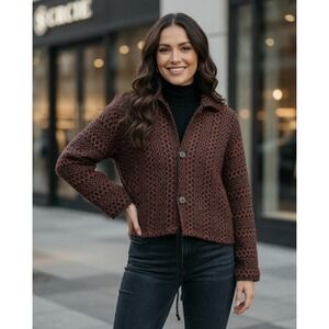 Vintage Artesania‎ New York Wool Jacket Womens Medium Hand Knit Ecuador Brown